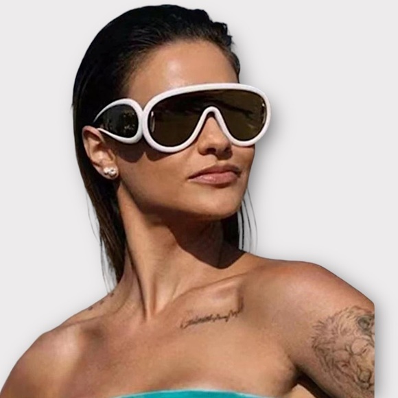 Vintage Y2K Shield Aviator Sunglasses White Frame Black Lens NIB NWT - Picture 4 of 10